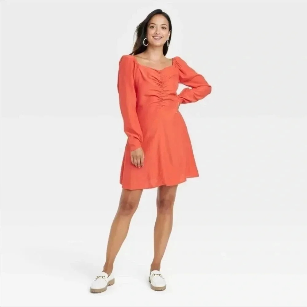 4/$25 NWT A New Day Coral Women Puff Long Sleeve Ruched Front Dress Pockets XXL